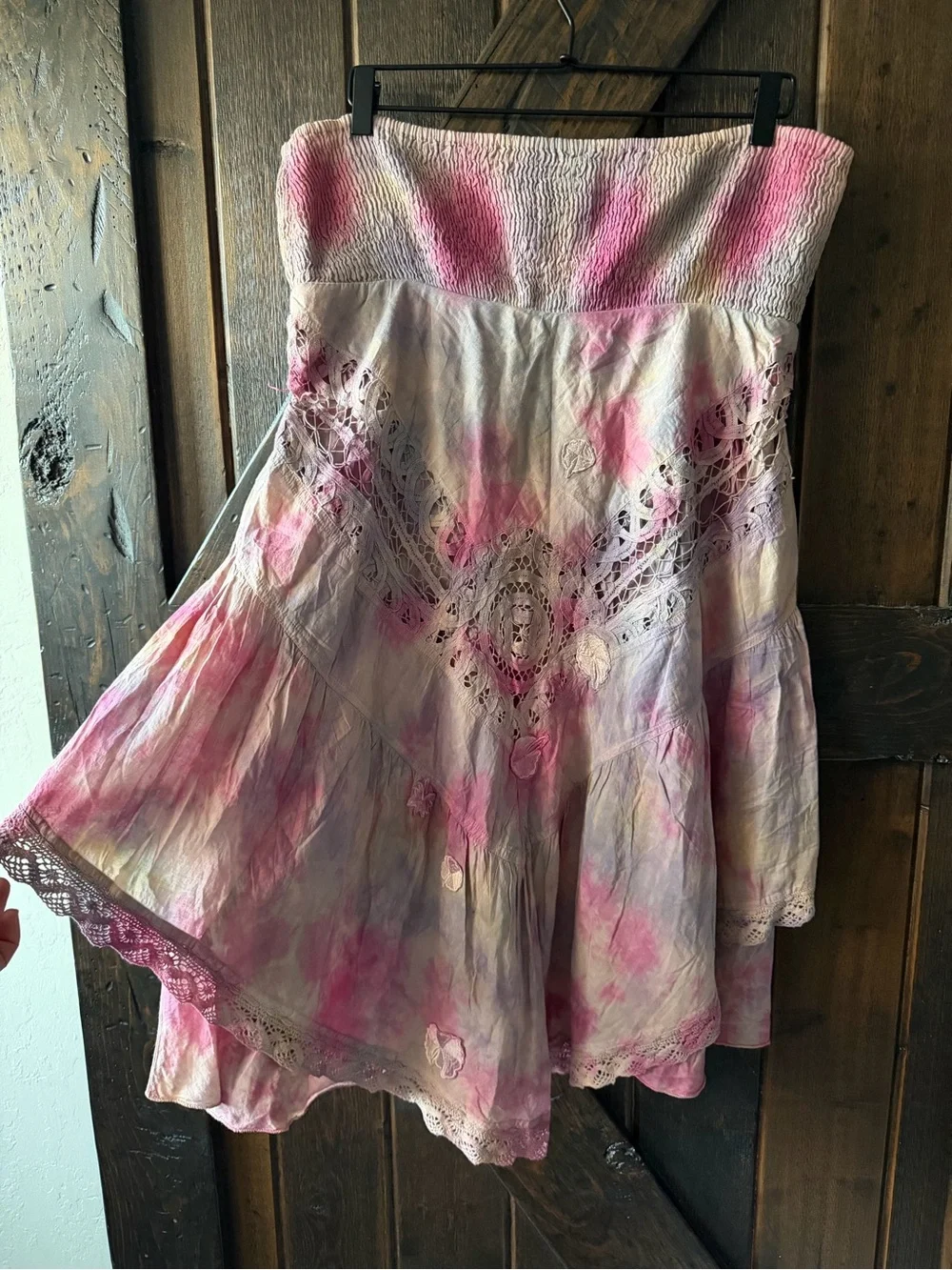 Free People Tie Dye Strapless Mini Dress Large Appliqué Pixie Fairy Renaissance